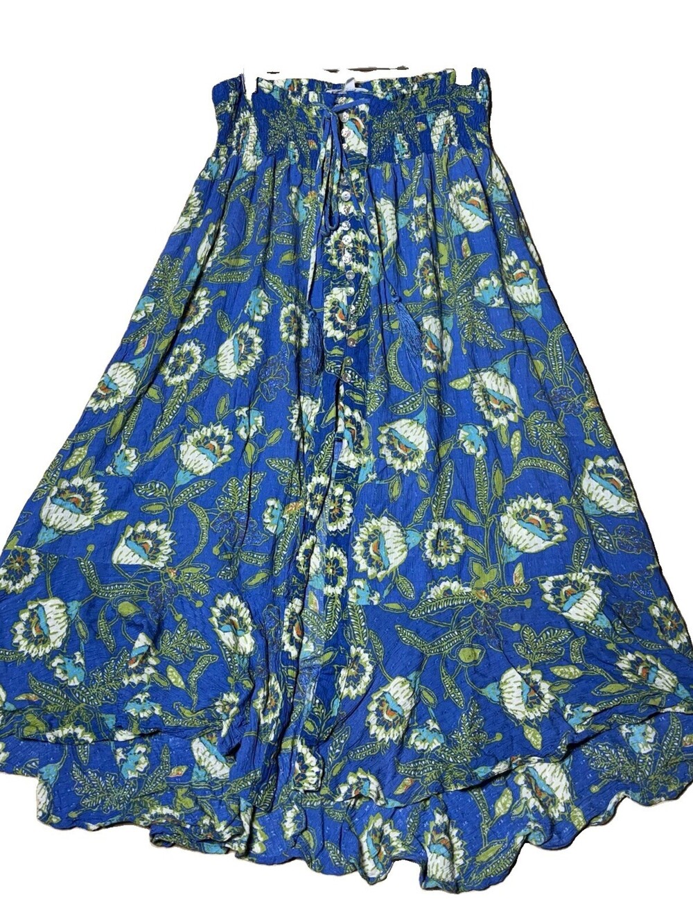 Emerson Rose Blue Floral High Low Maxi Skirt L Smocked Waist Button Front Boho